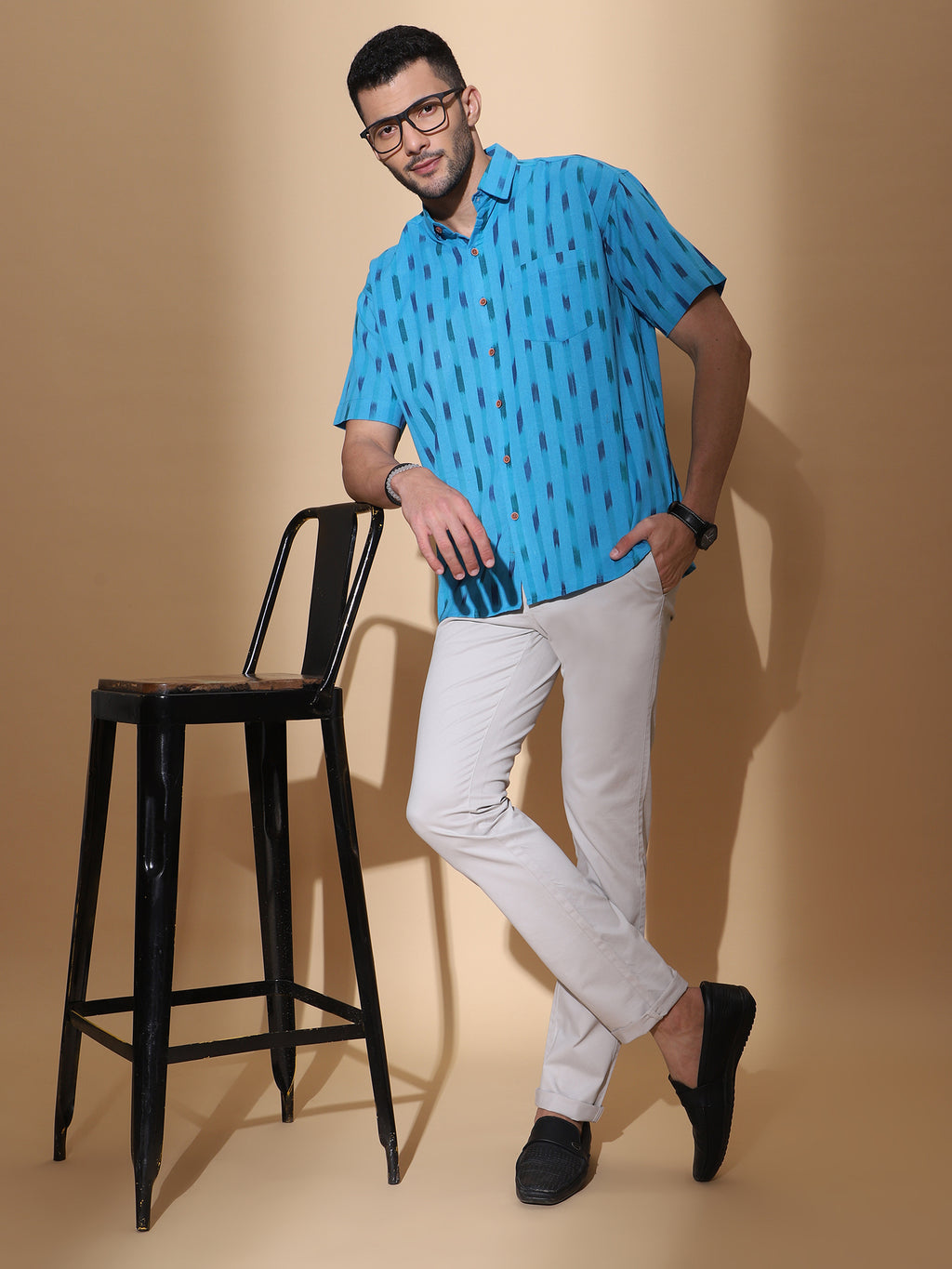 Handcrafted Ikat Sky Cotton Shirt