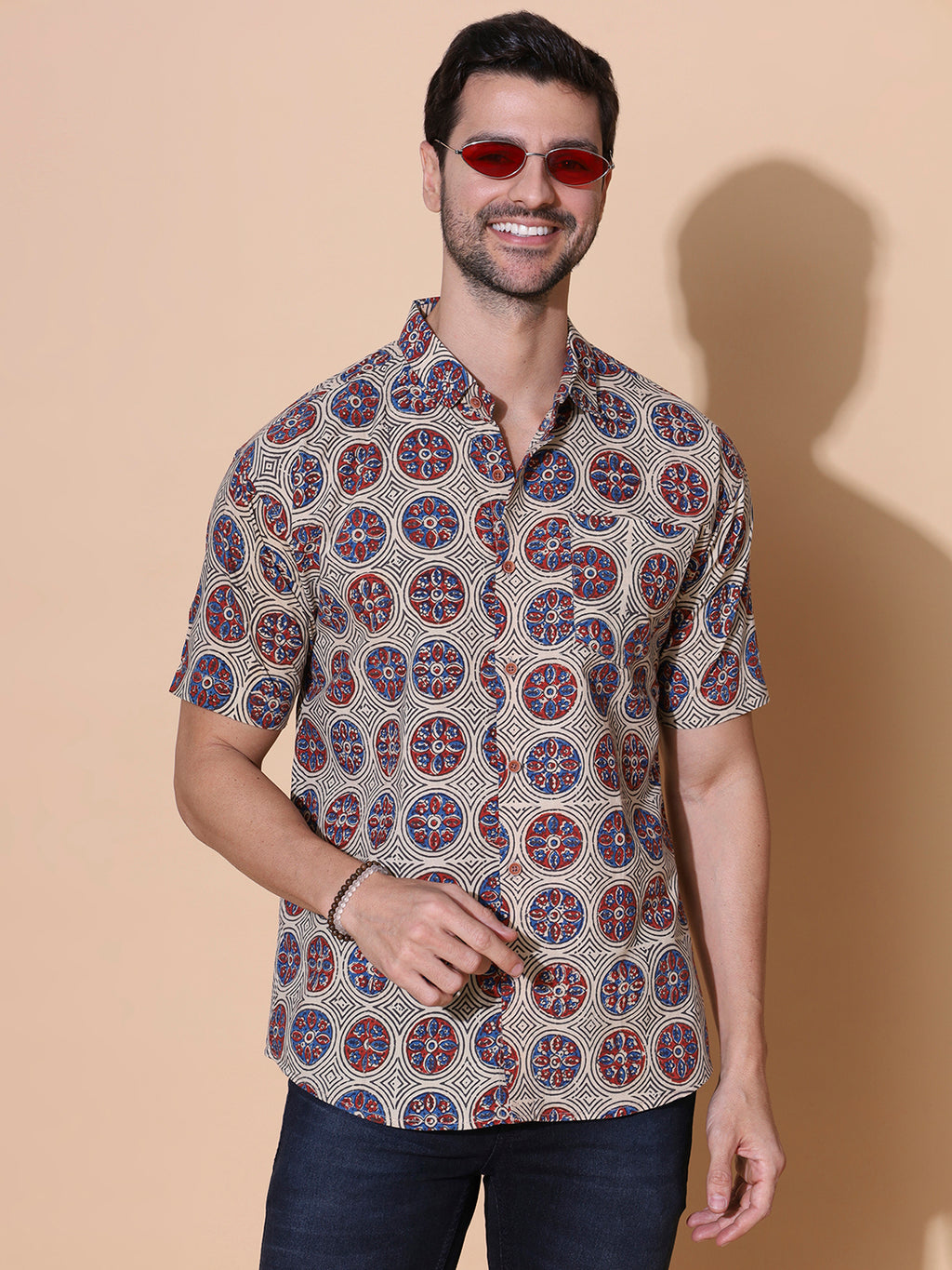 Ajrakh Natural Dye Hand Block Cotton Half Sleeve Shirt - Black