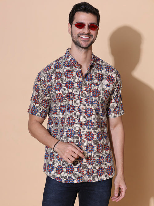Ajrakh Natural Dye Hand Block Cotton Half Sleeve Shirt - Black