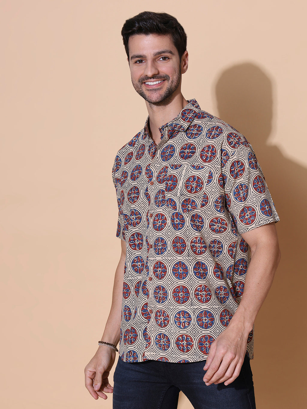 Ajrakh Natural Dye Hand Block Cotton Half Sleeve Shirt - Black