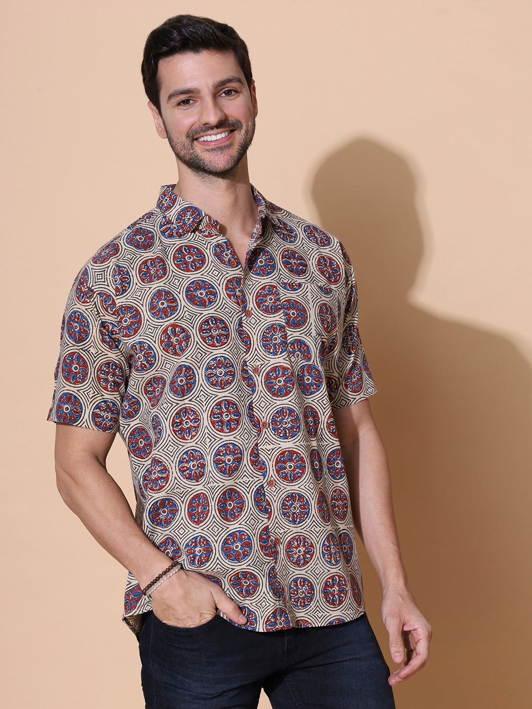Ajrakh Natural Dye Hand Block Cotton Half Sleeve Shirt - Black
