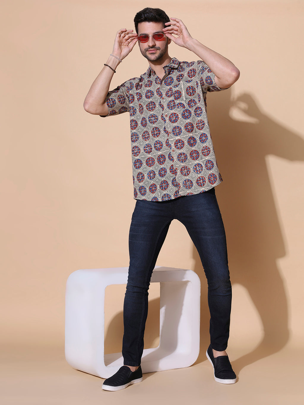 Ajrakh Natural Dye Hand Block Cotton Half Sleeve Shirt - Black