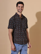 Ajrakh Natural Dye Hand Block Cotton Half Sleeve Shirt - White-Cream