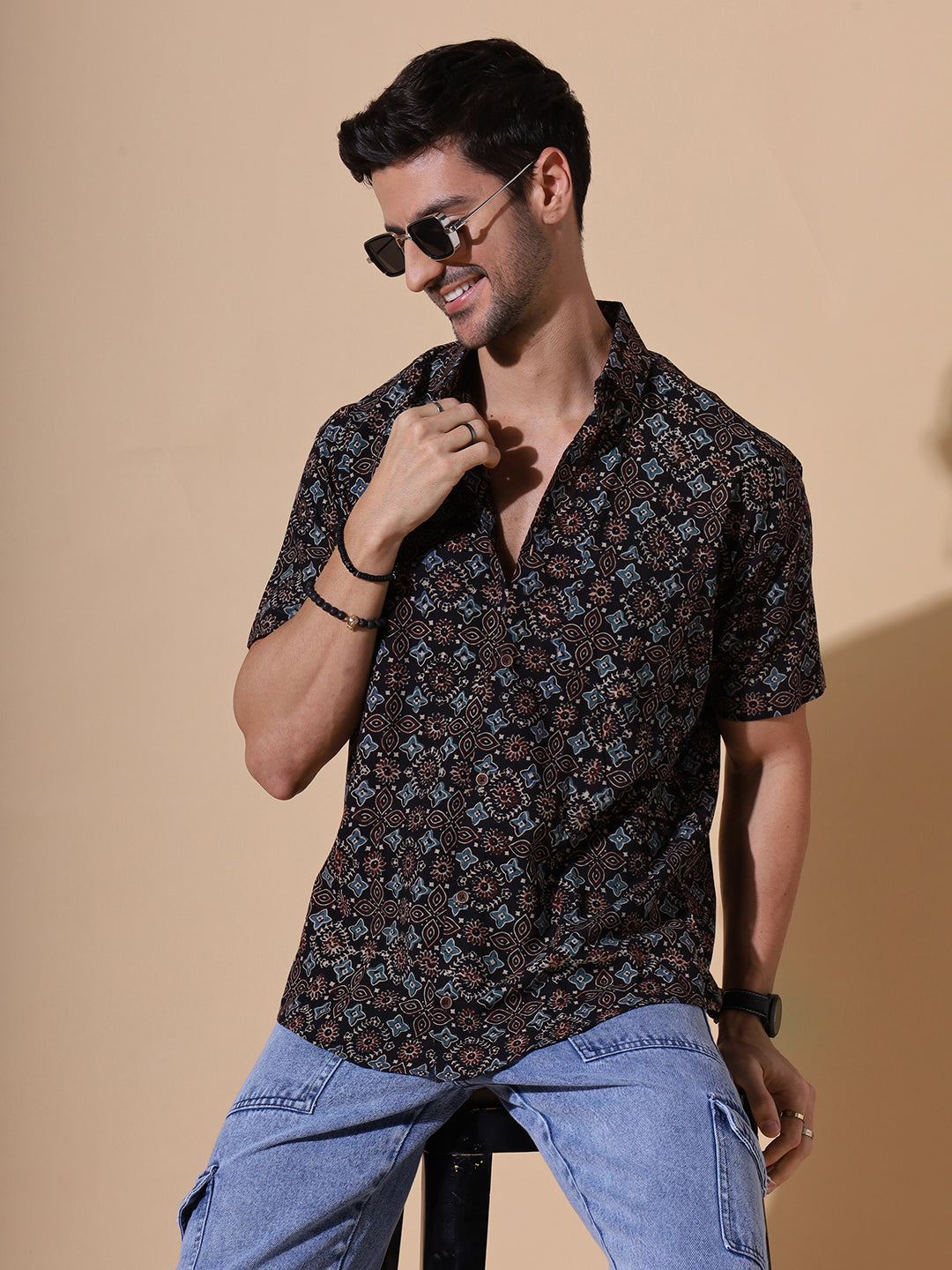 Ajrakh Natural Dye Hand Block Cotton Half Sleeve Shirt - Coffee-Brown