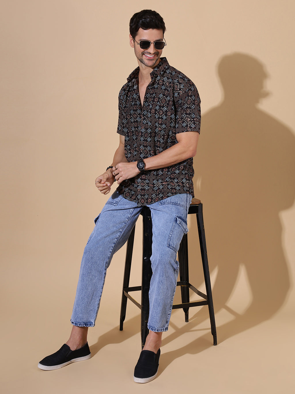 Ajrakh Natural Dye Hand Block Cotton Half Sleeve Shirt - Coffee-Brown