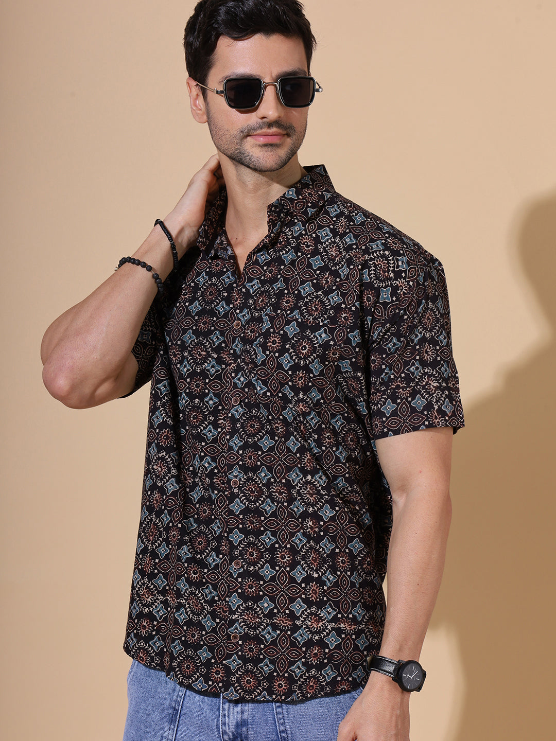 Ajrakh Natural Dye Hand Block Cotton Half Sleeve Shirt - Indigo