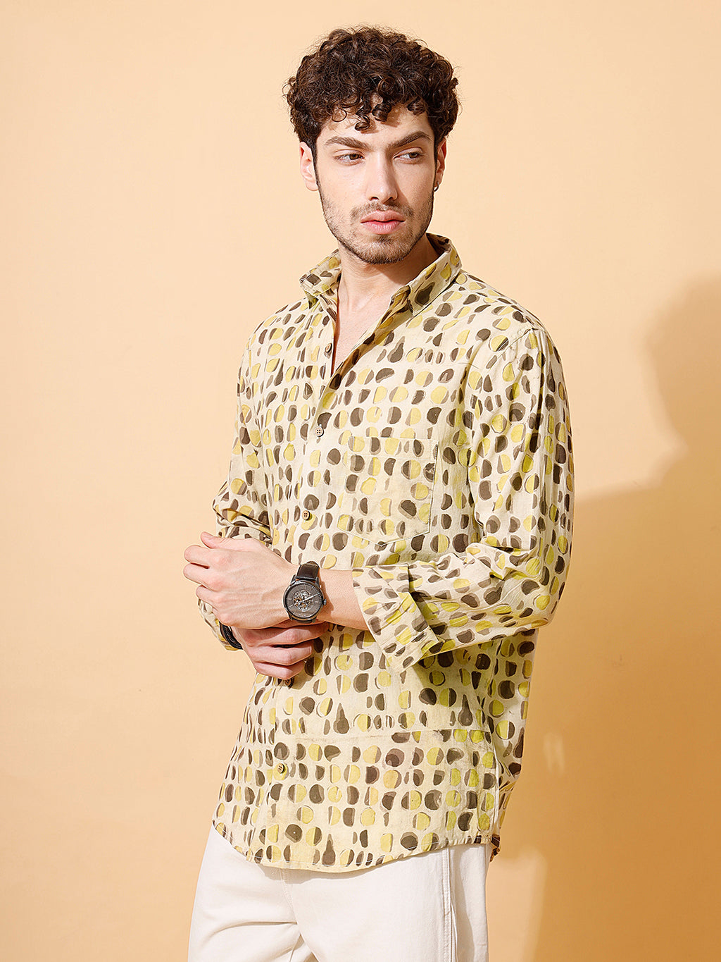 Ajrakh Natural Dye Hand Block Cotton Cream Full Sleeve Shirt