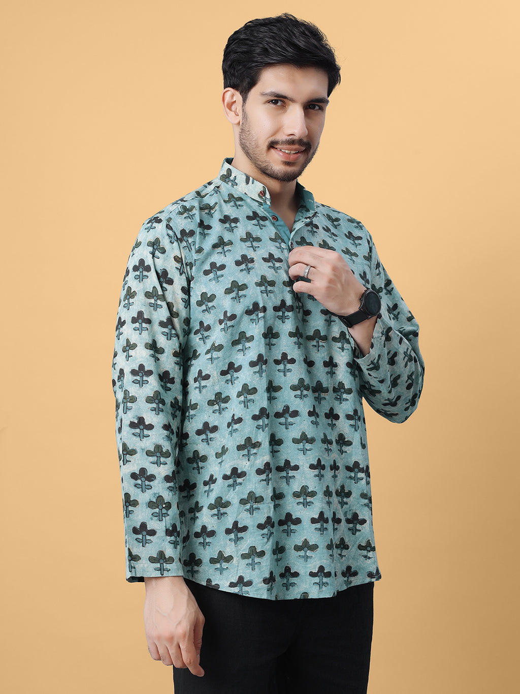 Ajrakh Natural Dye Indigo Hand Block Cotton Short Kurta