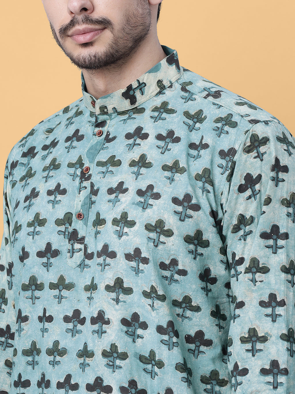 Ajrakh Natural Dye Cream Hand Block Cotton Short Kurta