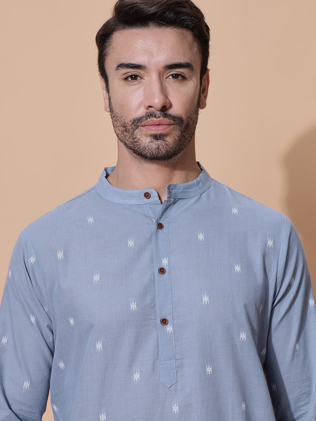 Handloom Jacquard Blue Cotton Long Kurta