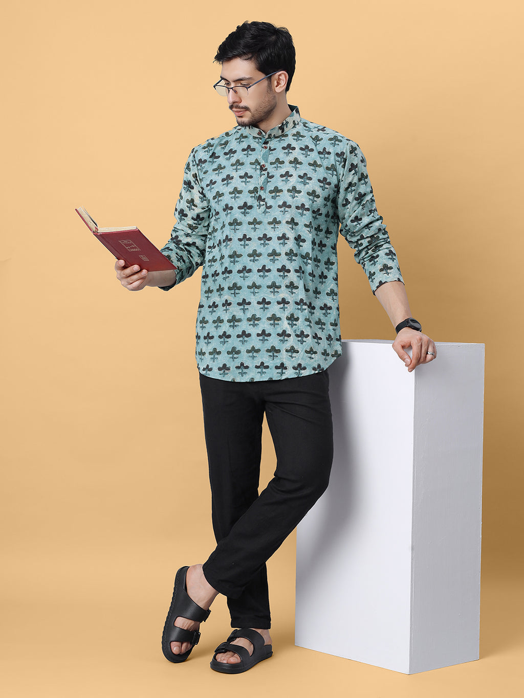 Ajrakh Natural Dye Cream Hand Block Cotton Short Kurta