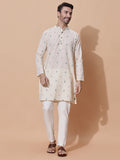 Handloom Jacquard Cream Cotton Long Kurta