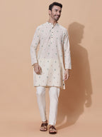Handloom Jacquard Cream Cotton Long Kurta