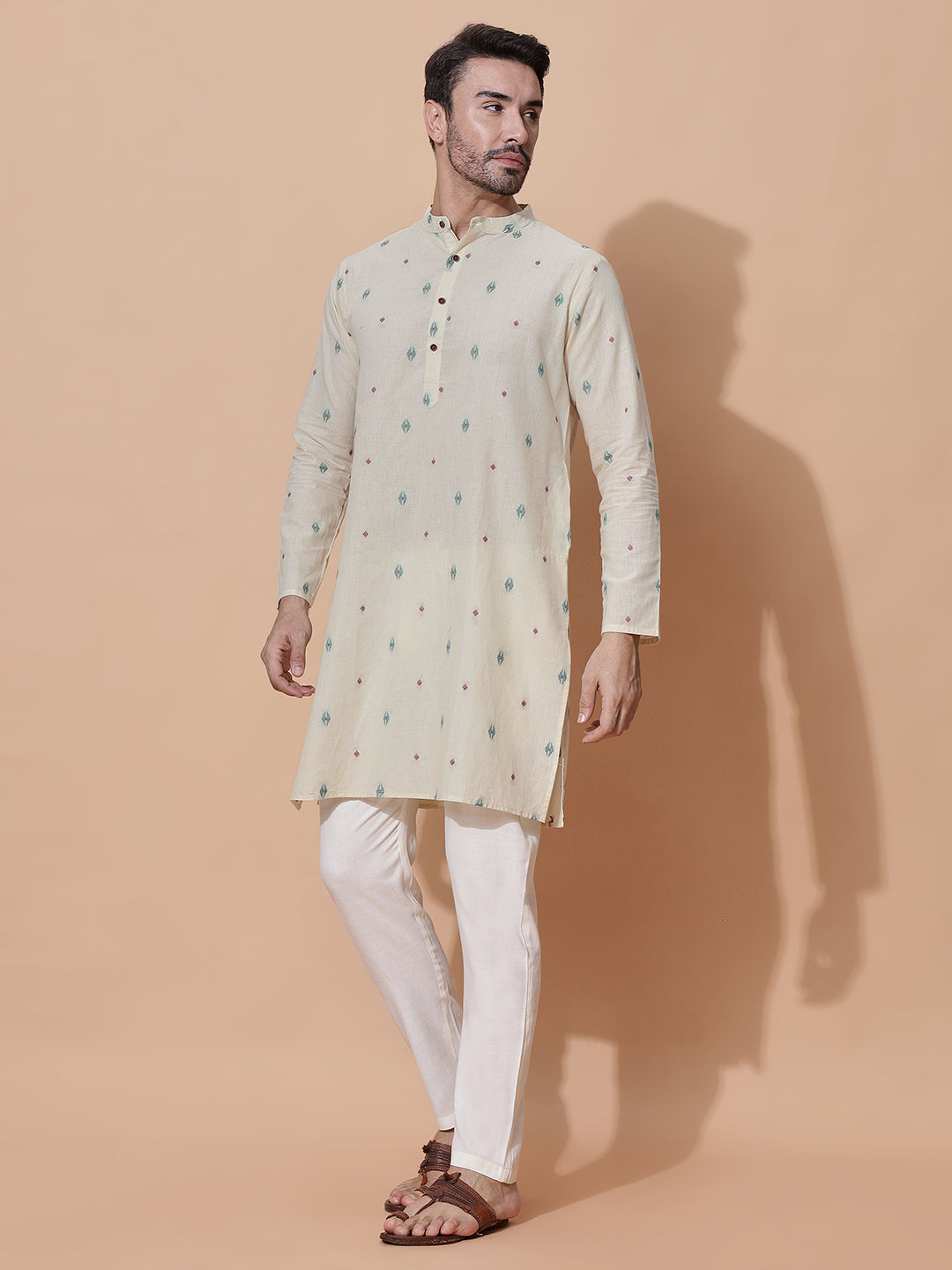 Handloom Jacquard Cream Cotton Long Kurta