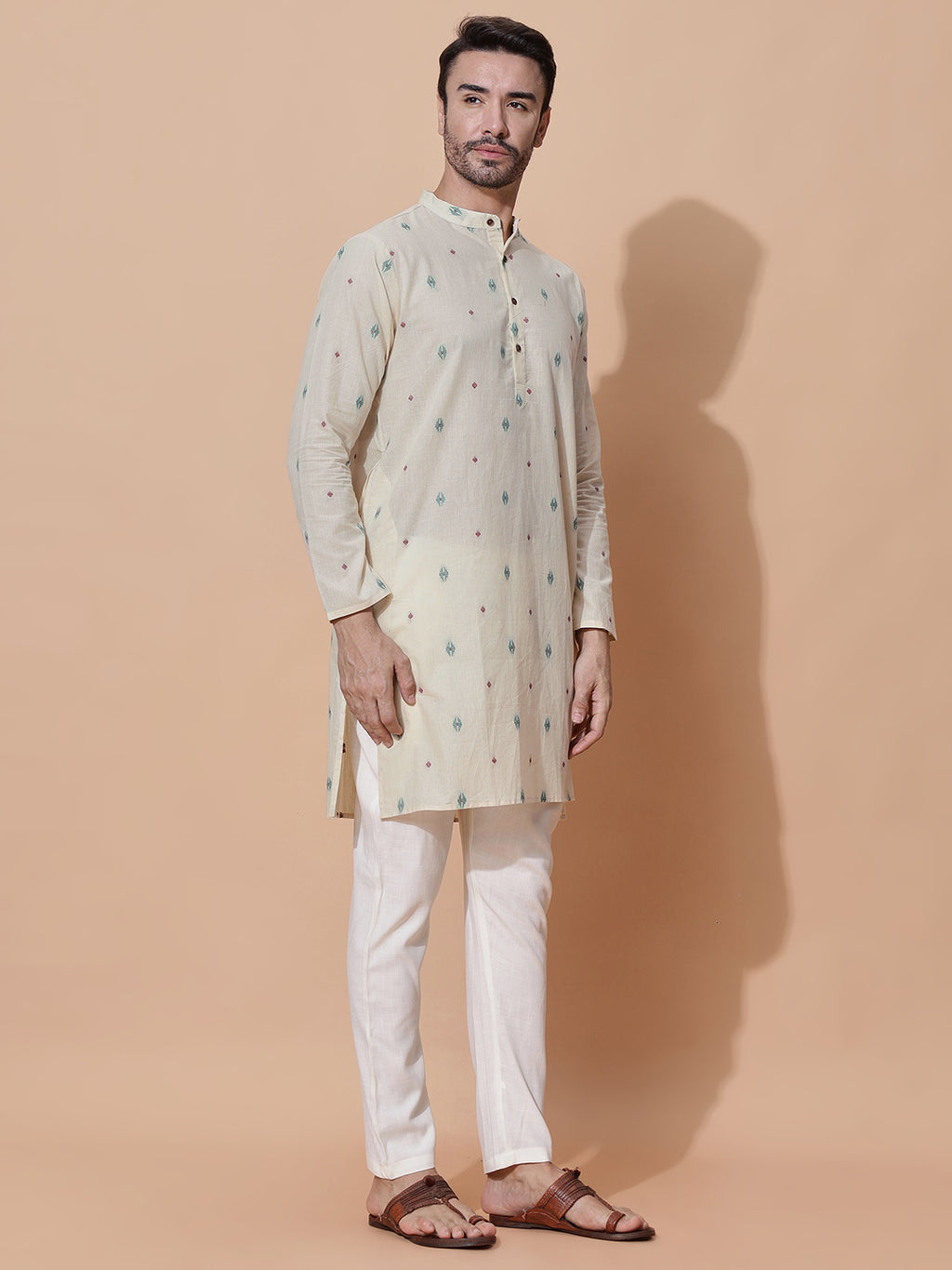 Handloom Jacquard Cream Cotton Long Kurta