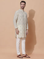 Handloom Jacquard Cream Cotton Long Kurta