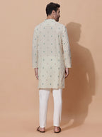Handloom Jacquard Cream Cotton Long Kurta