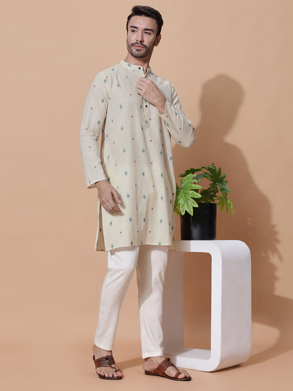Handloom Jacquard Cream Cotton Long Kurta
