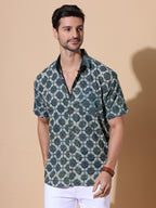 Ajrakh Natural Dye Indigo Sage Hand Block Cotton Half Sleeve Shirt
