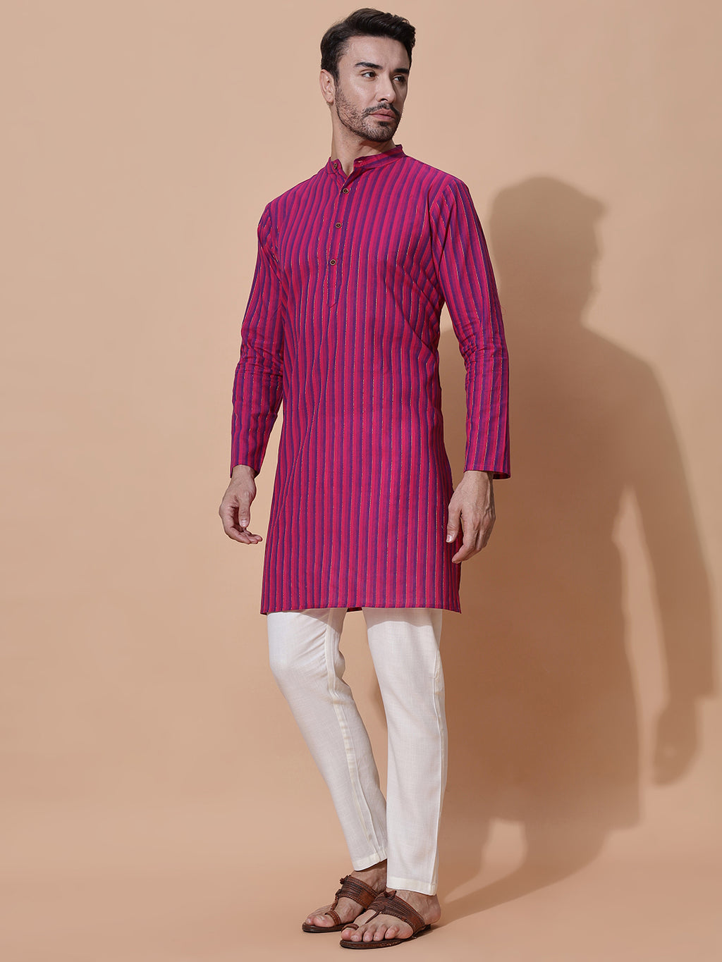 Handloom Jacquard Magenta Cotton Long Kurta
