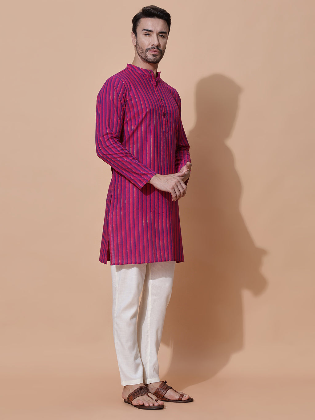 Handloom Jacquard Magenta Cotton Long Kurta