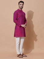 Handloom Jacquard Magenta Cotton Long Kurta