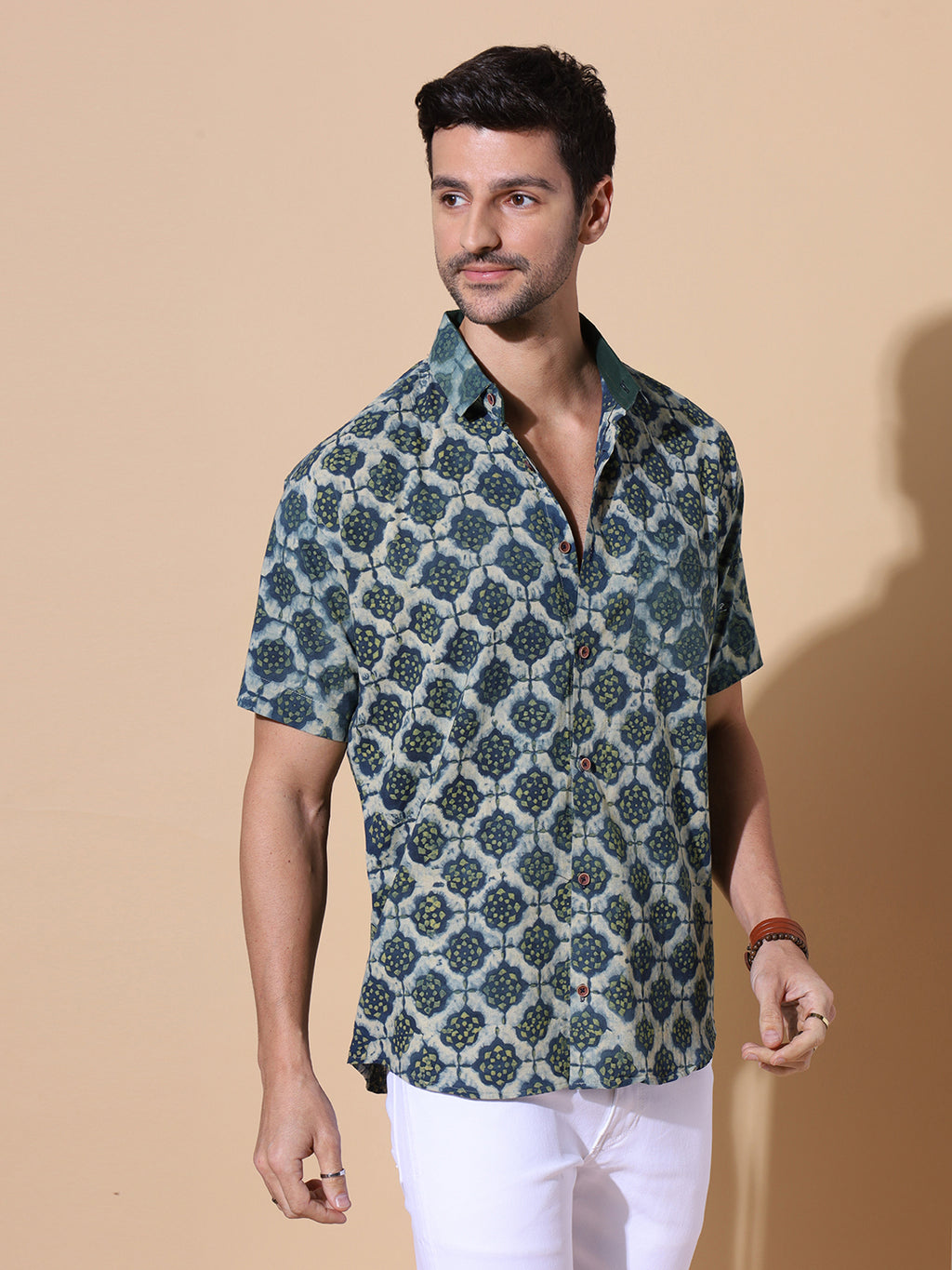 Ajrakh Natural Dye Indigo Sage Hand Block Cotton Half Sleeve Shirt