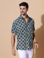 Ajrakh Natural Dye Indigo Sage Hand Block Cotton Half Sleeve Shirt