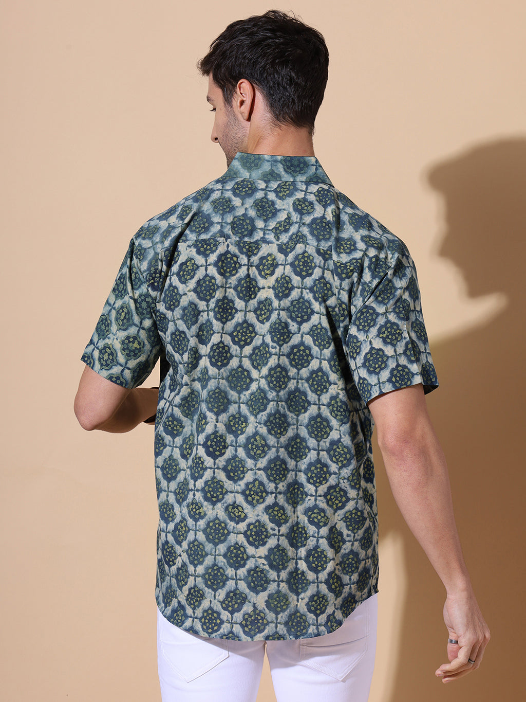 Ajrakh Natural Dye Indigo Sage Hand Block Cotton Half Sleeve Shirt