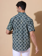 Ajrakh Natural Dye Indigo Sage Hand Block Cotton Half Sleeve Shirt