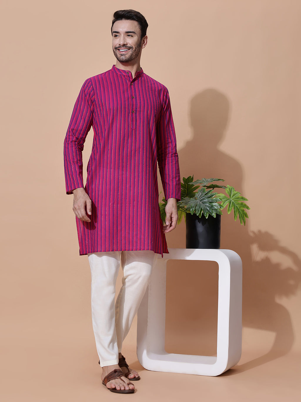 Handloom Jacquard Magenta Cotton Long Kurta