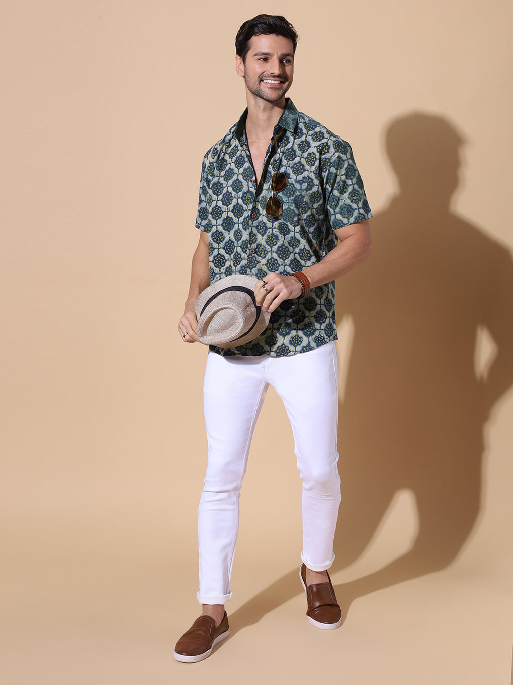 Ajrakh Natural Dye Indigo Sage Hand Block Cotton Half Sleeve Shirt