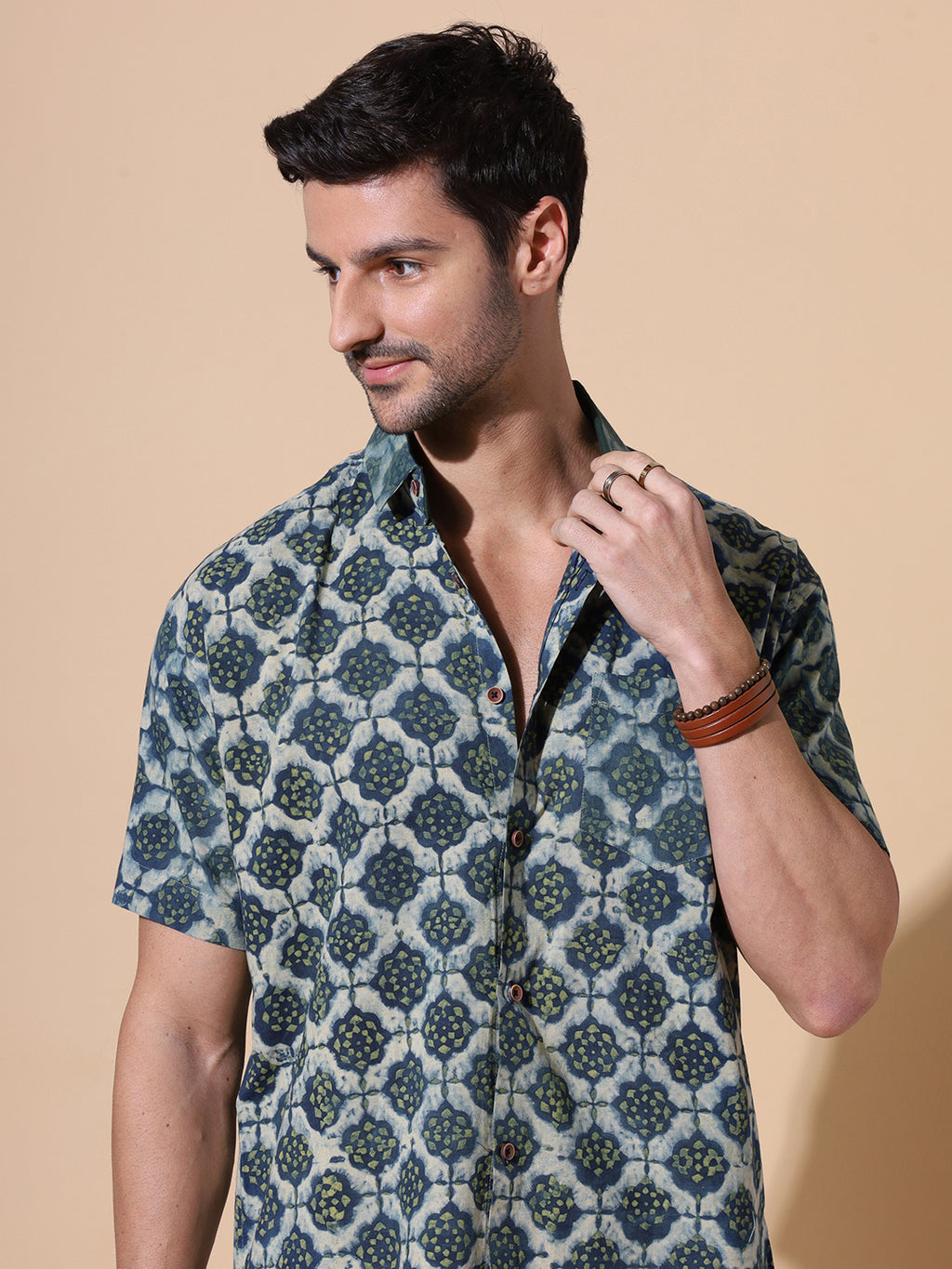 Ajrakh Natural Dye Indigo Sage Hand Block Cotton Half Sleeve Shirt