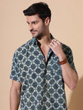Ajrakh Natural Dye Indigo Sage Hand Block Cotton Half Sleeve Shirt