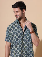 Ajrakh Natural Dye Indigo Sage Hand Block Cotton Half Sleeve Shirt