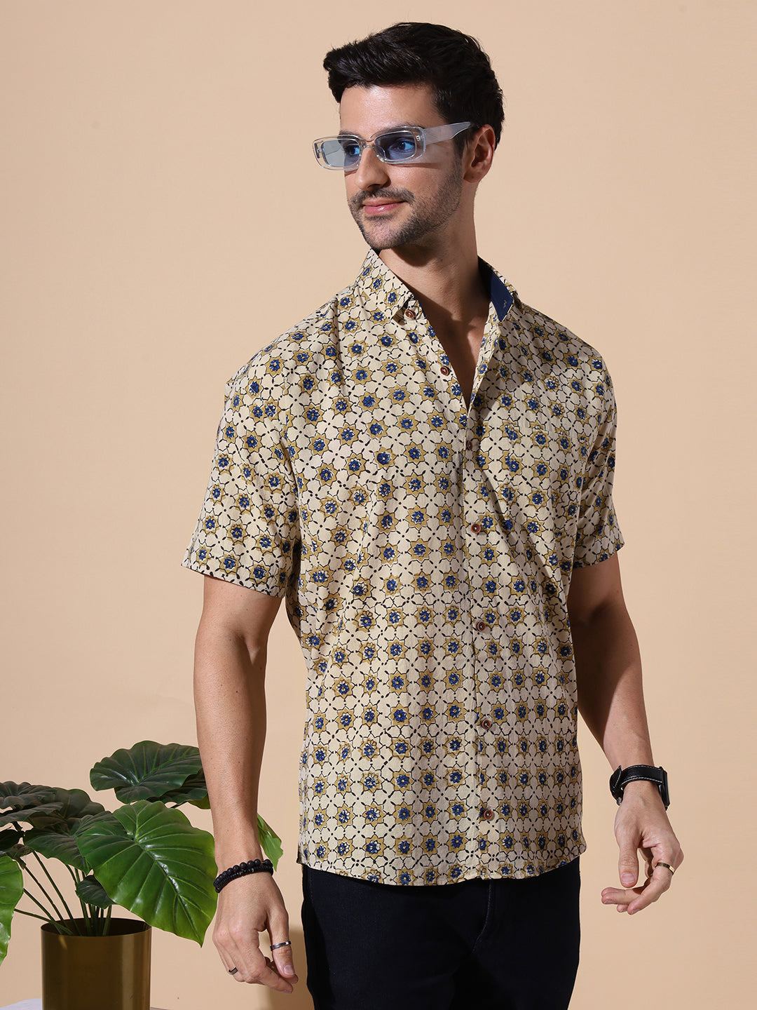 Ajrakh Natural Dye Hand Block Cotton Half Sleeve Shirt - Indigo-Slate