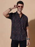 Ajrakh Natural Dye Hand Block Cotton Half Sleeve Shirt - Golden-Mustard