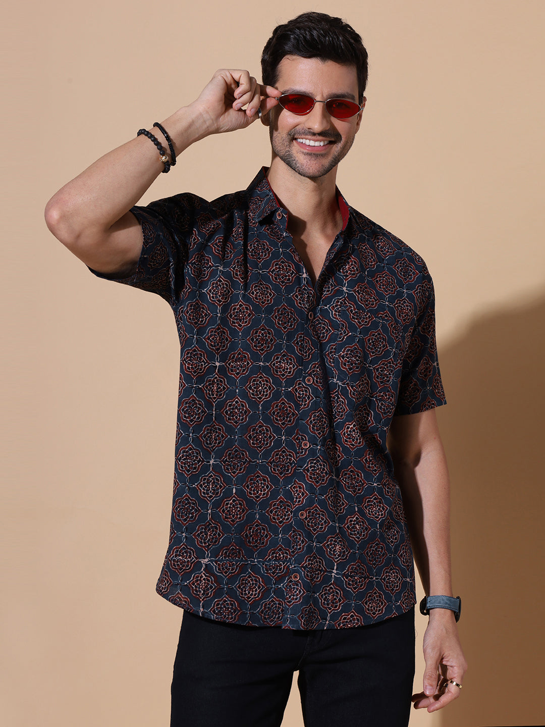 Ajrakh Natural Dye Hand Block Cotton Half Sleeve Shirt - Golden-Mustard