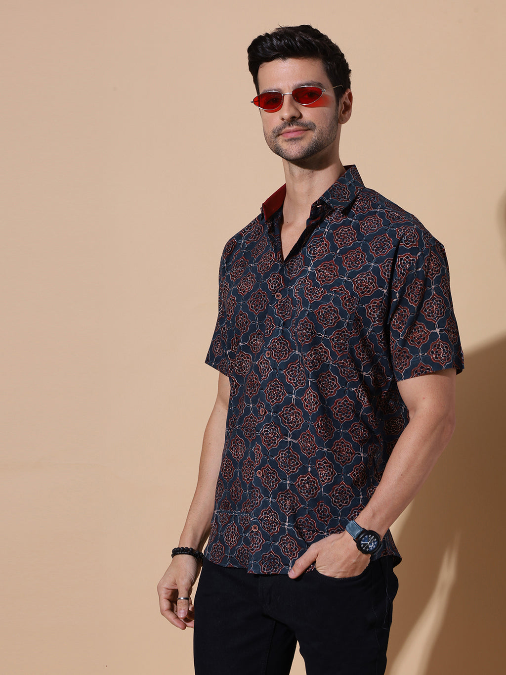 Ajrakh Natural Dye Hand Block Cotton Half Sleeve Shirt - Golden-Mustard
