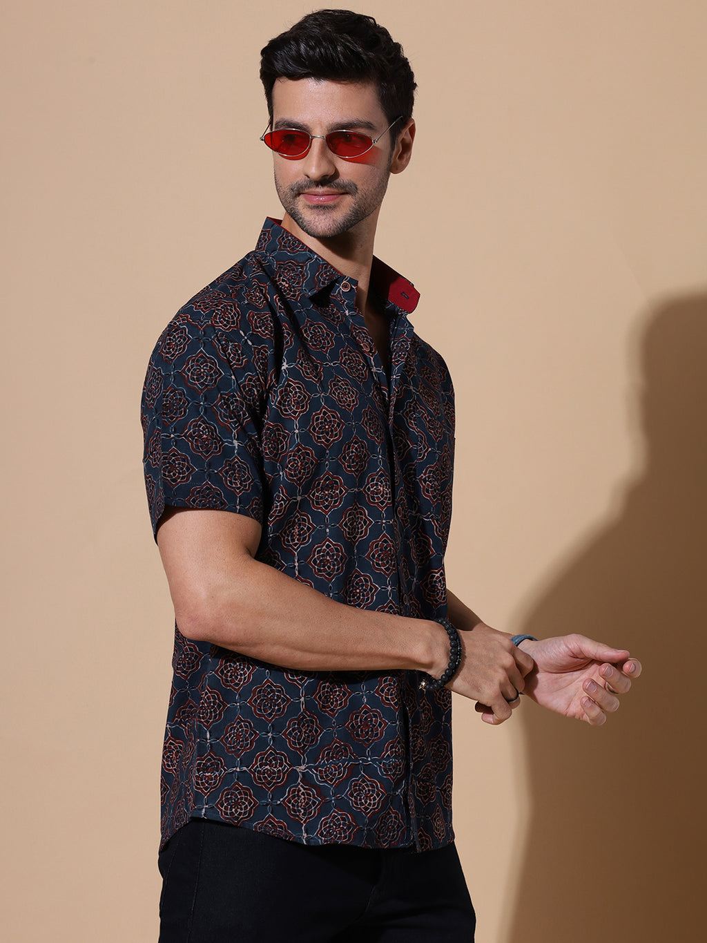 Ajrakh Natural Dye Hand Block Cotton Half Sleeve Shirt - Golden-Mustard