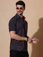 Ajrakh Natural Dye Hand Block Cotton Half Sleeve Shirt - Golden-Mustard