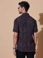 Ajrakh Natural Dye Hand Block Cotton Half Sleeve Shirt - Golden-Mustard