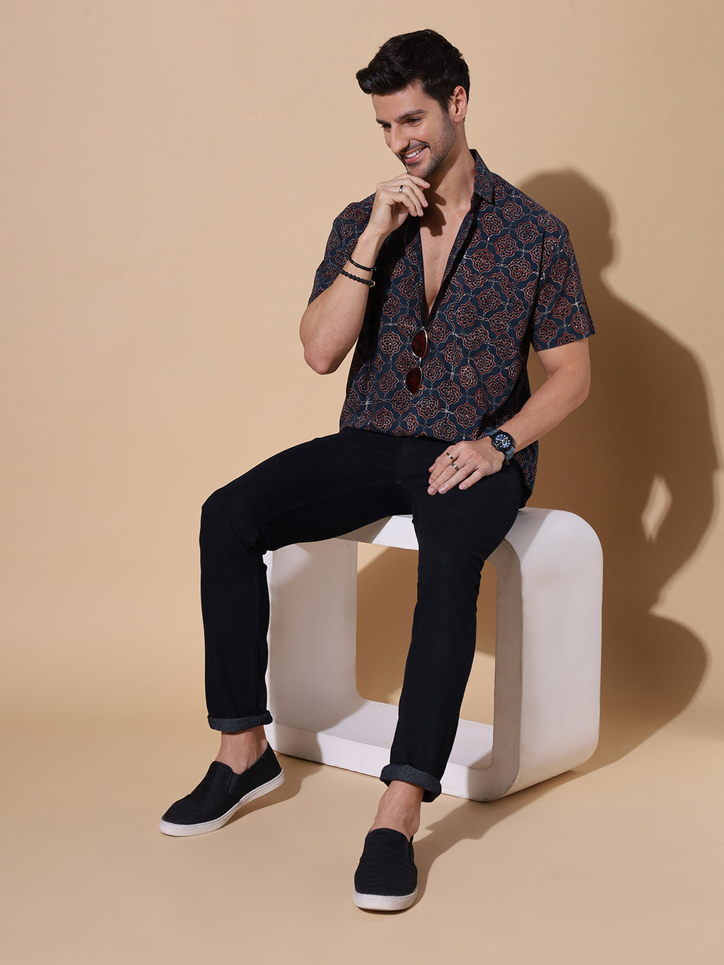 Ajrakh Natural Dye Hand Block Cotton Half Sleeve Shirt - Golden-Mustard