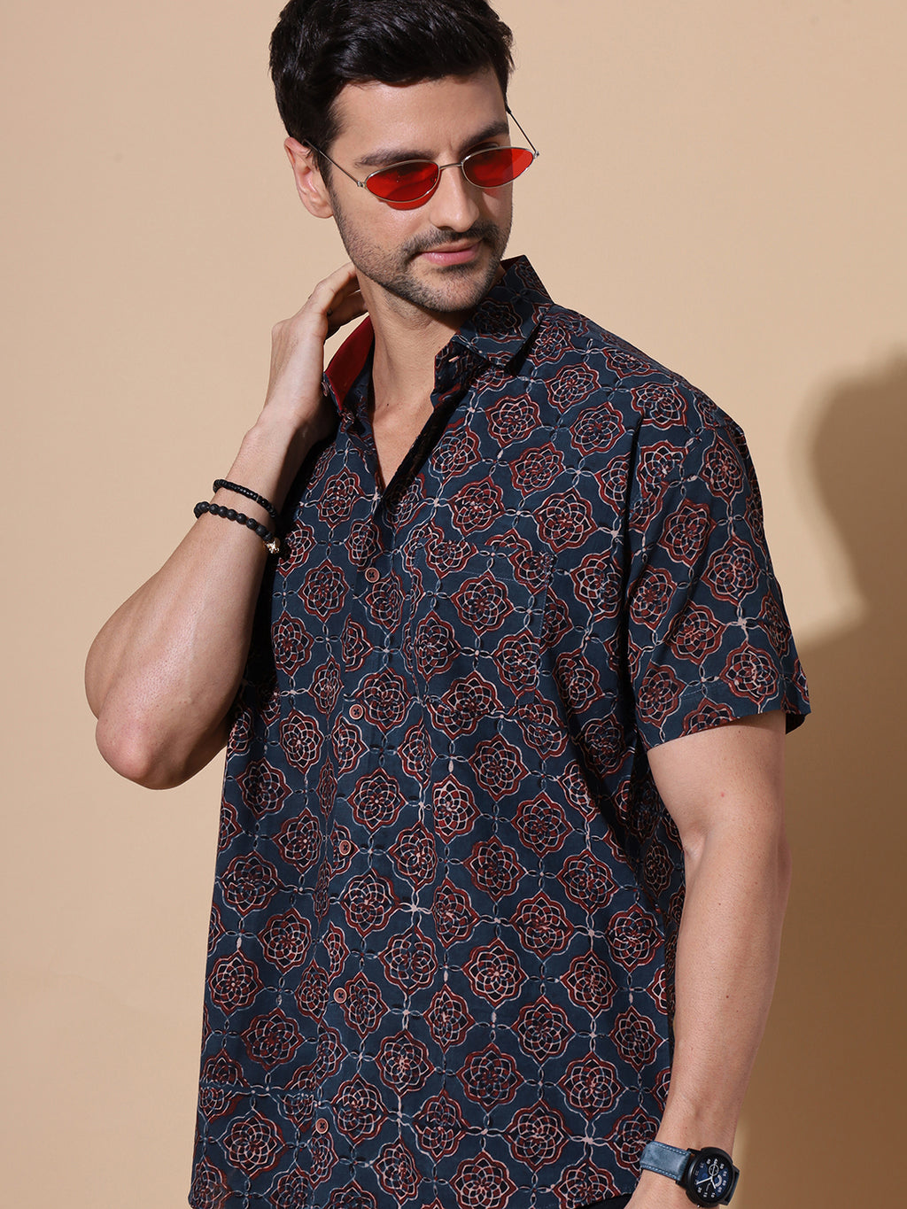 Ajrakh Natural Dye Hand Block Cotton Half Sleeve Shirt - Golden-Mustard