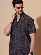 Ajrakh Natural Dye Hand Block Cotton Half Sleeve Shirt - Golden-Mustard
