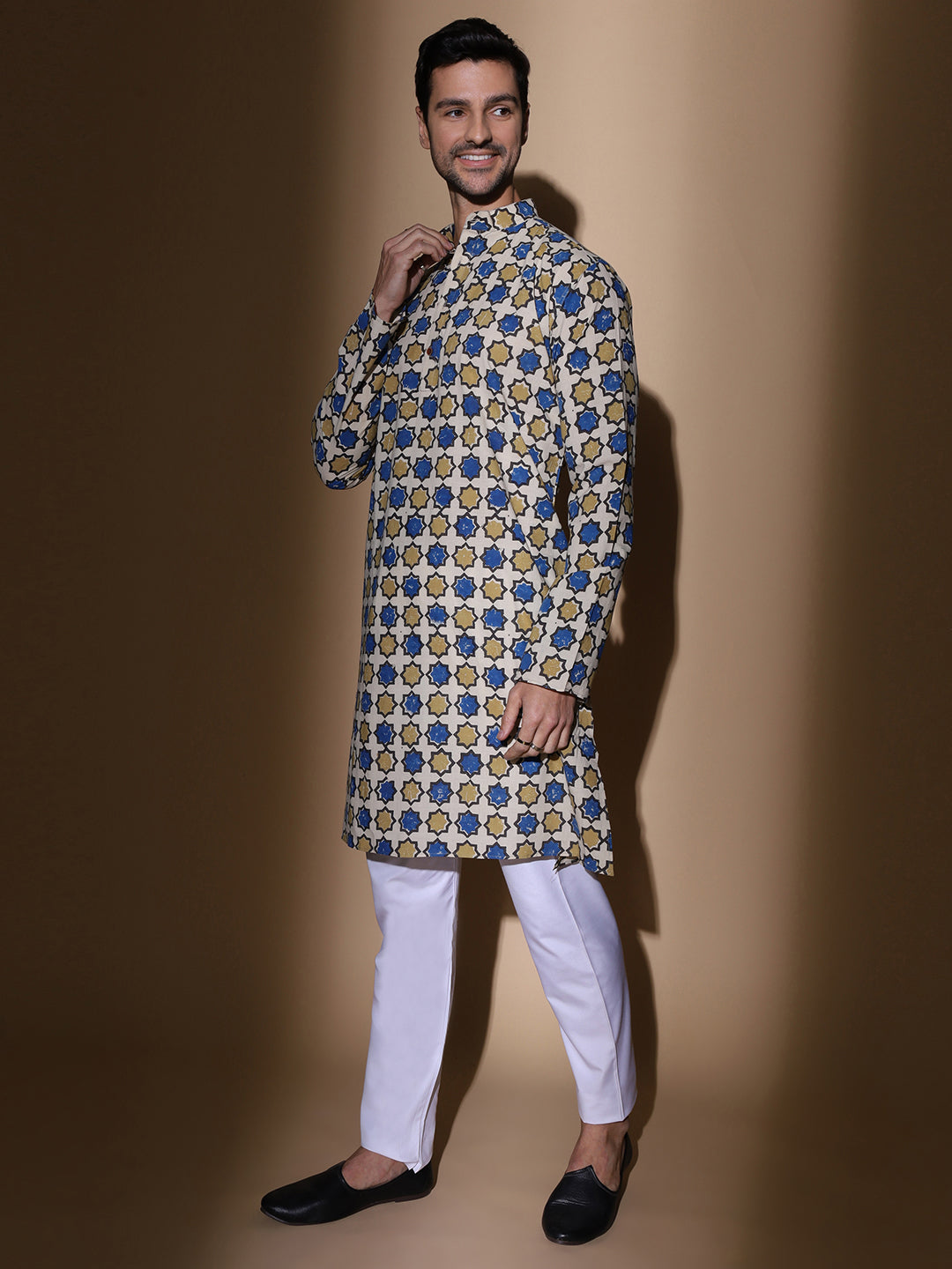 Ajrakh Natural Dye Beige Cotton Long Kurta