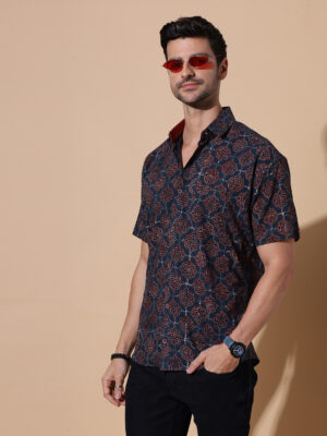 Ajrakh Indigo Hand Block Cotton Shirt